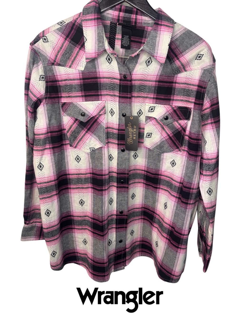Wrangler Retro Women's Pearl Snap Western Rodeo Shirt Pink & Black Plaid Design